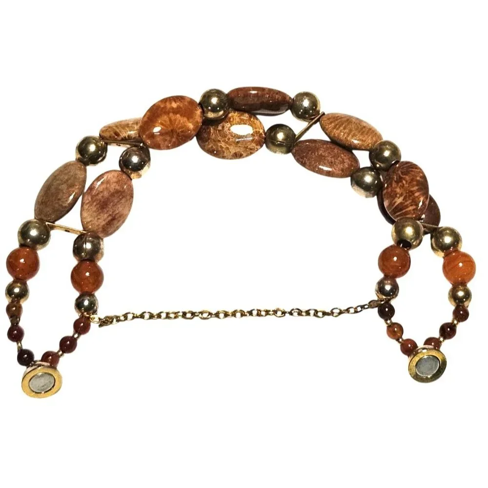 Vintage Bracelet Beaded Jasper Stone Gold-Tone Glass Magnetic Closure‎